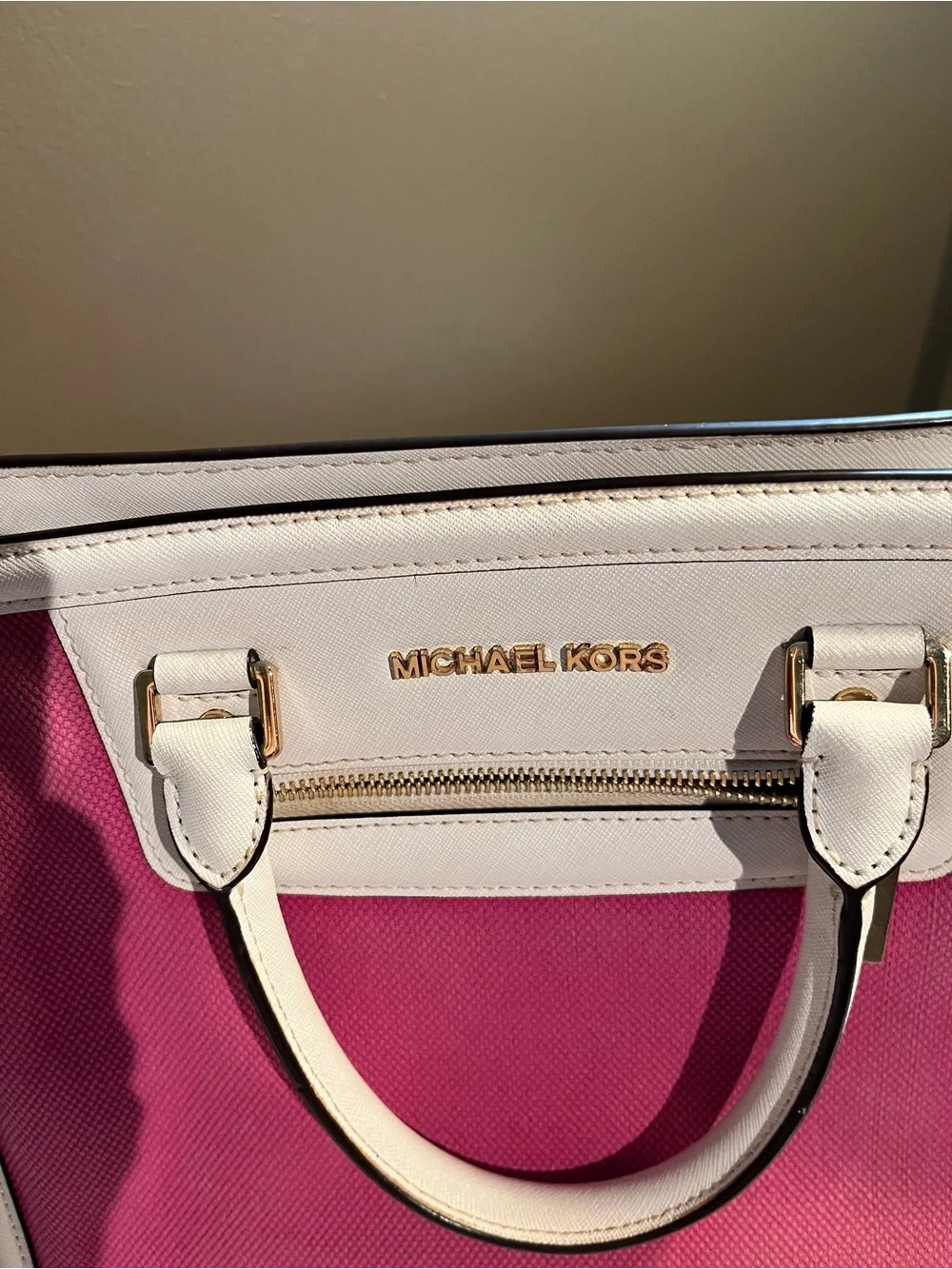 Michael Kors Pink Canvas White Leather Trim Satchel Bag